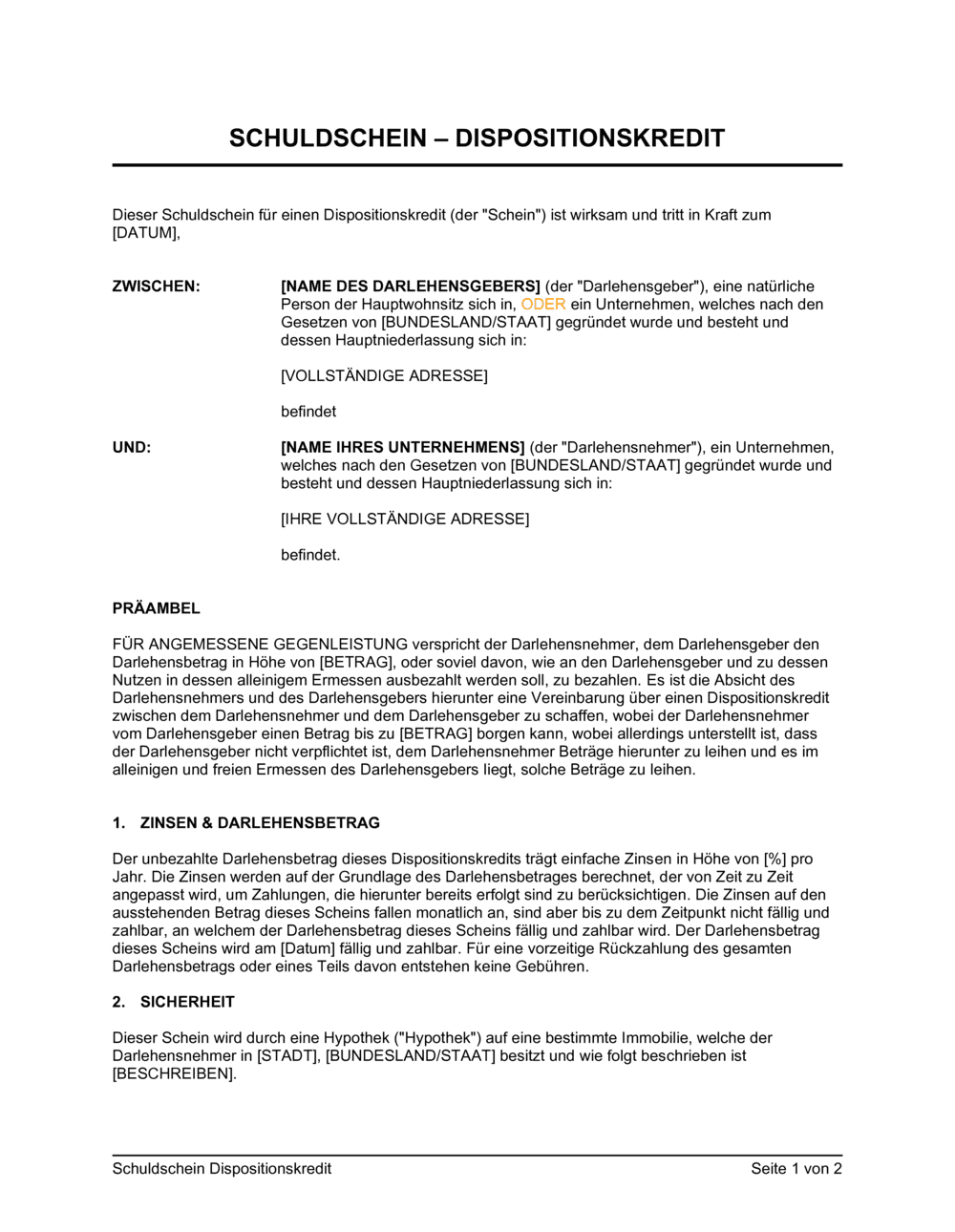 Business-in-a-Box's Schuldschein Dispositionskredit