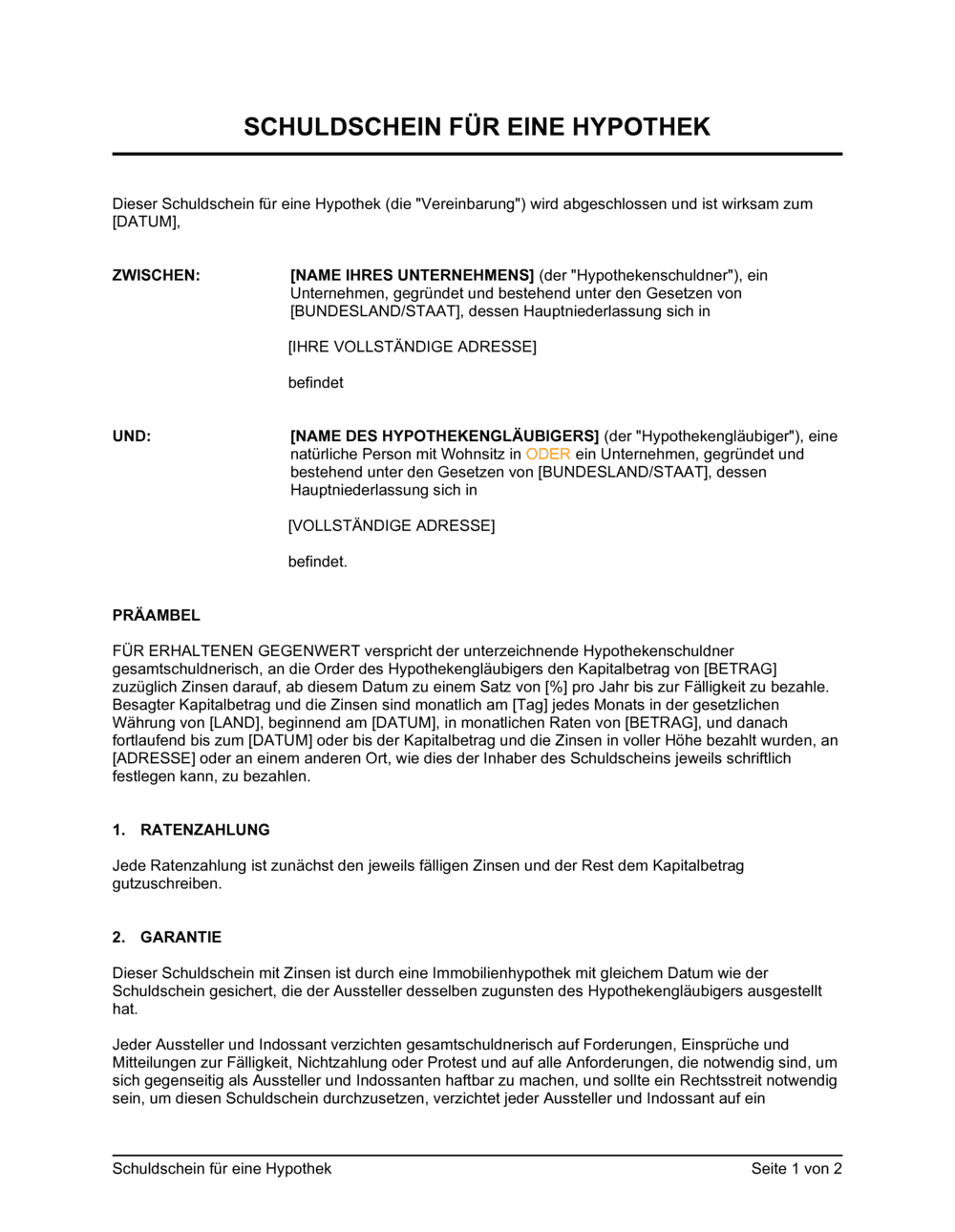 Business-in-a-Box's Schuldschein für eine Hypothek