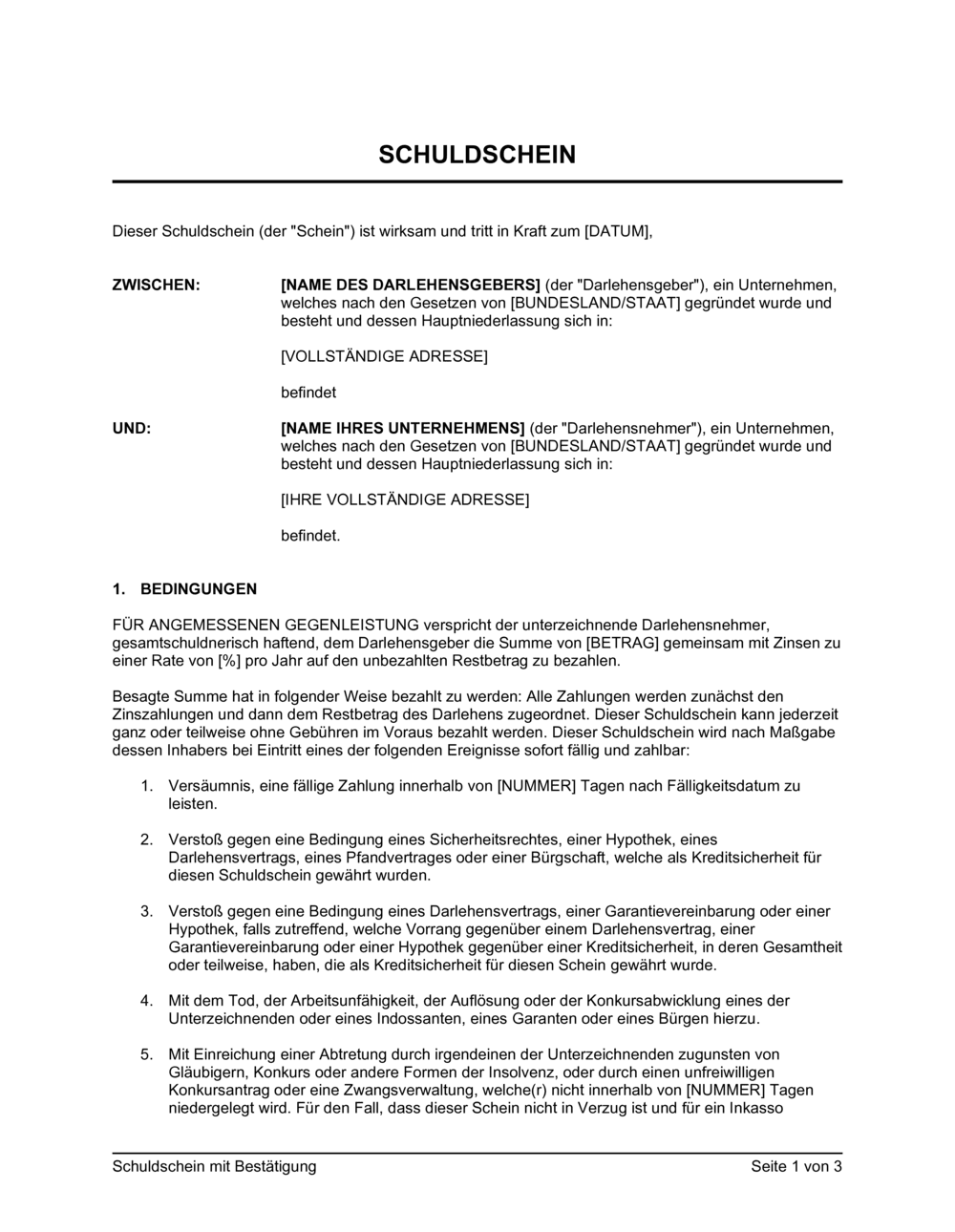 Business-in-a-Box's Schuldschein mit Bestätigung