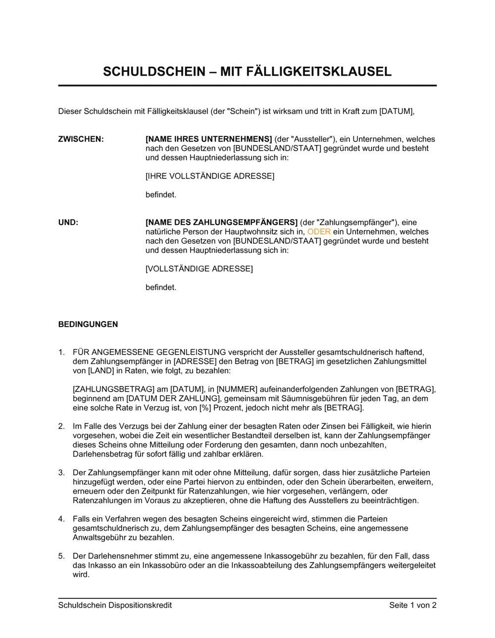 Business-in-a-Box's Schuldschein mit Fälligkeitsklausel