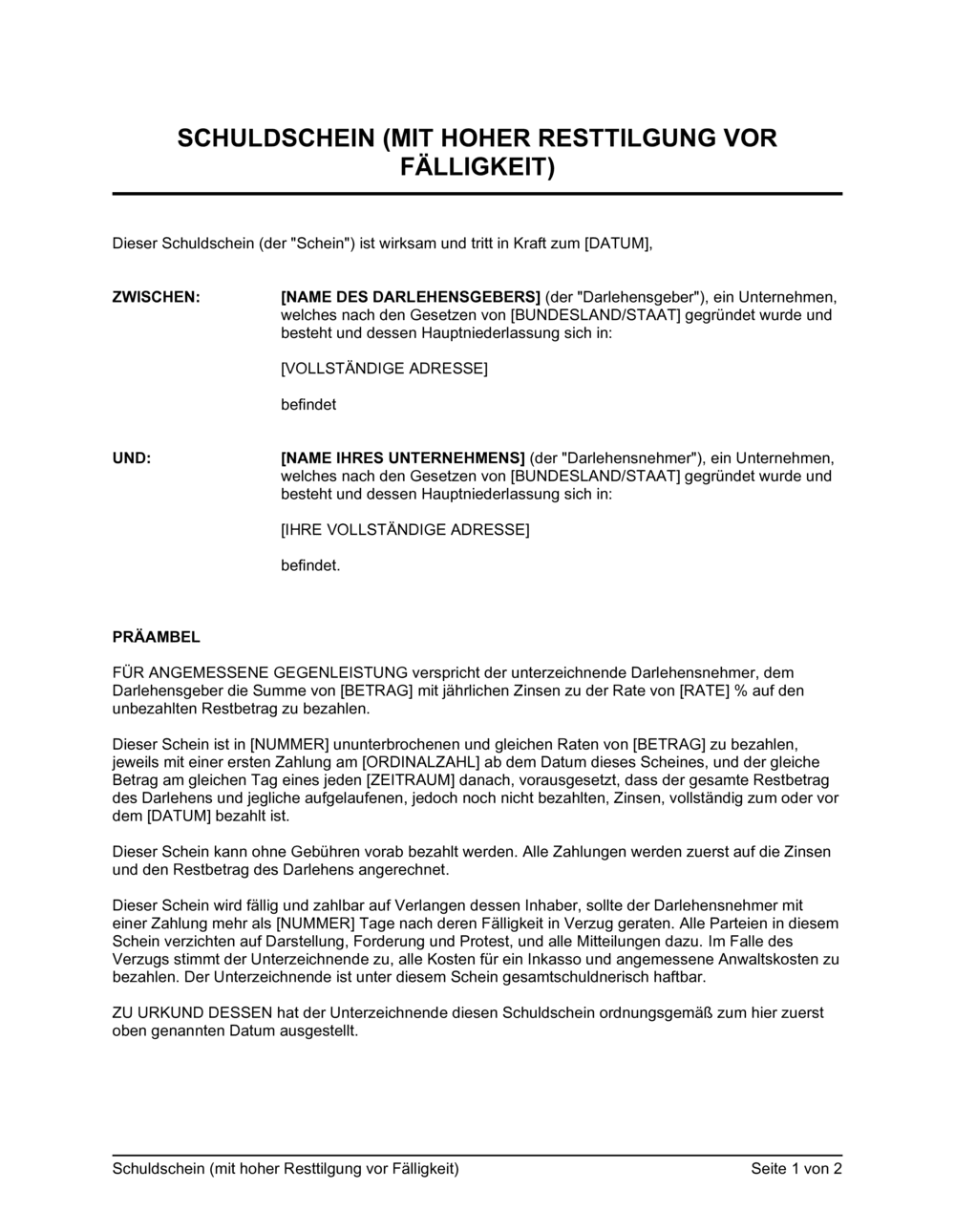 Business-in-a-Box's Schuldschein mit hoher Resttilgung vor Fälligkeit