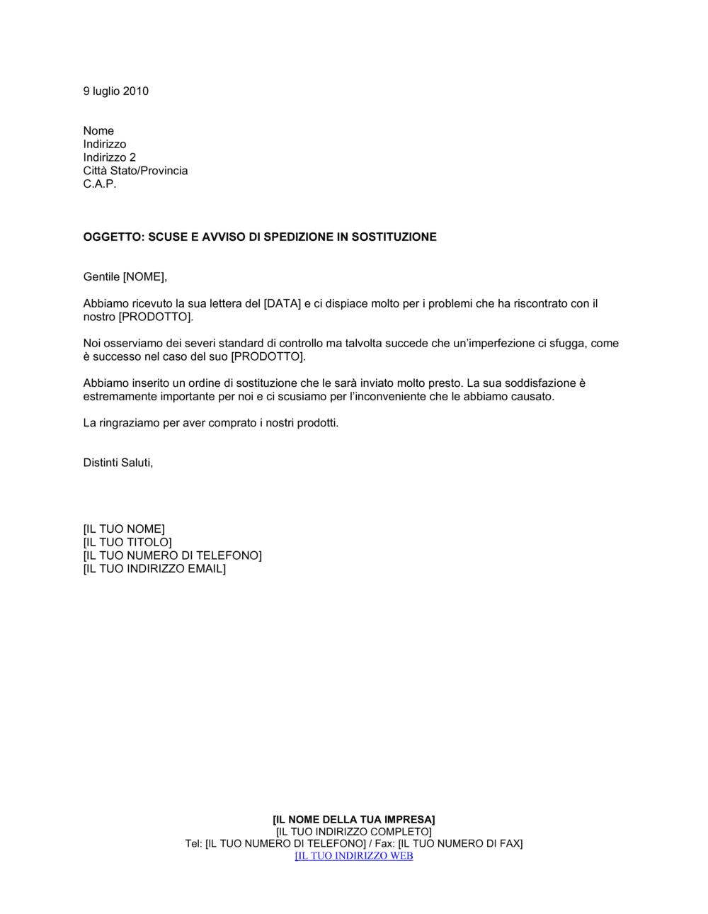 Business-in-a-Box's Scuse e avviso di spedizione in sostituzione