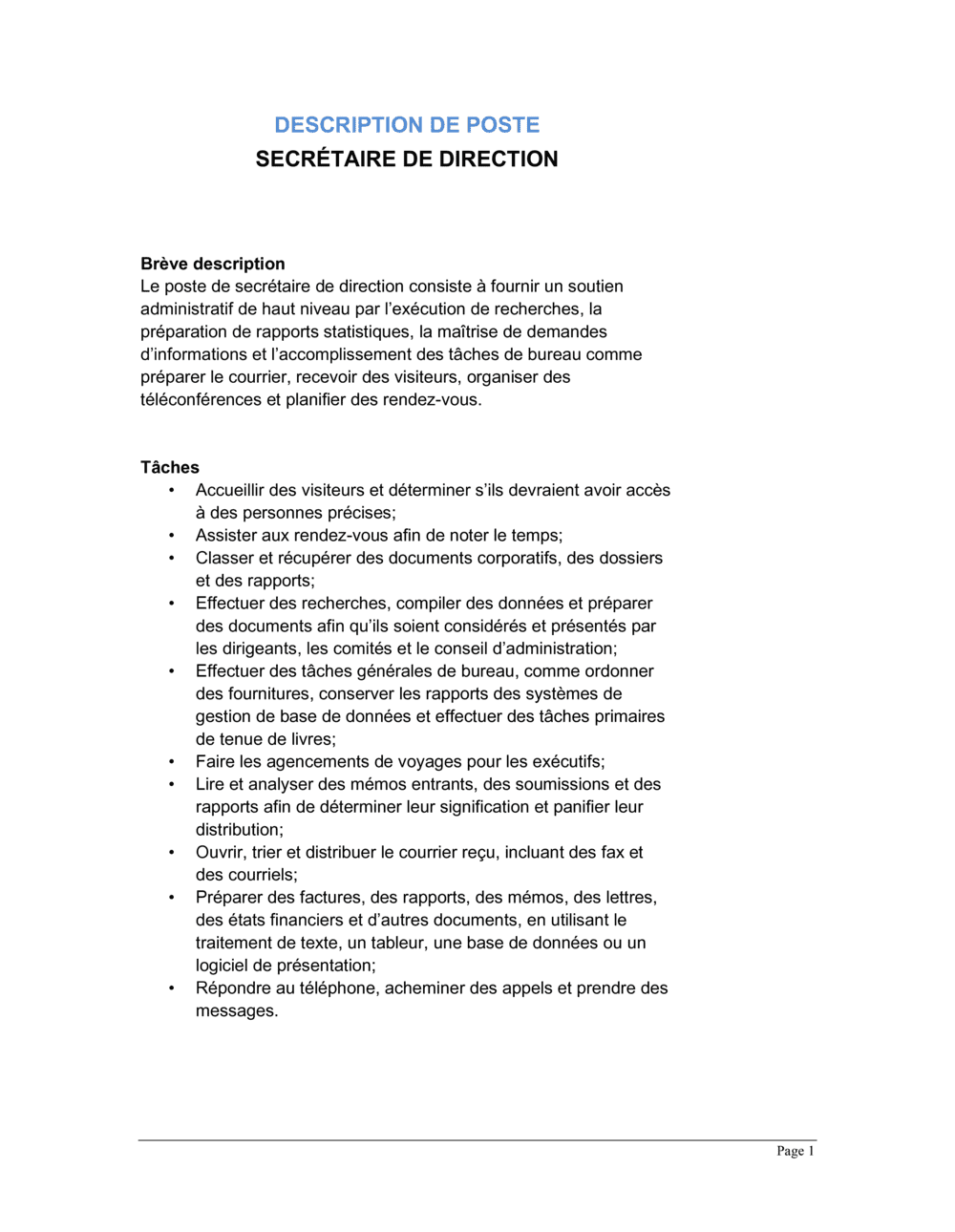 Business-in-a-Box's Secrétaire de direction Description de poste