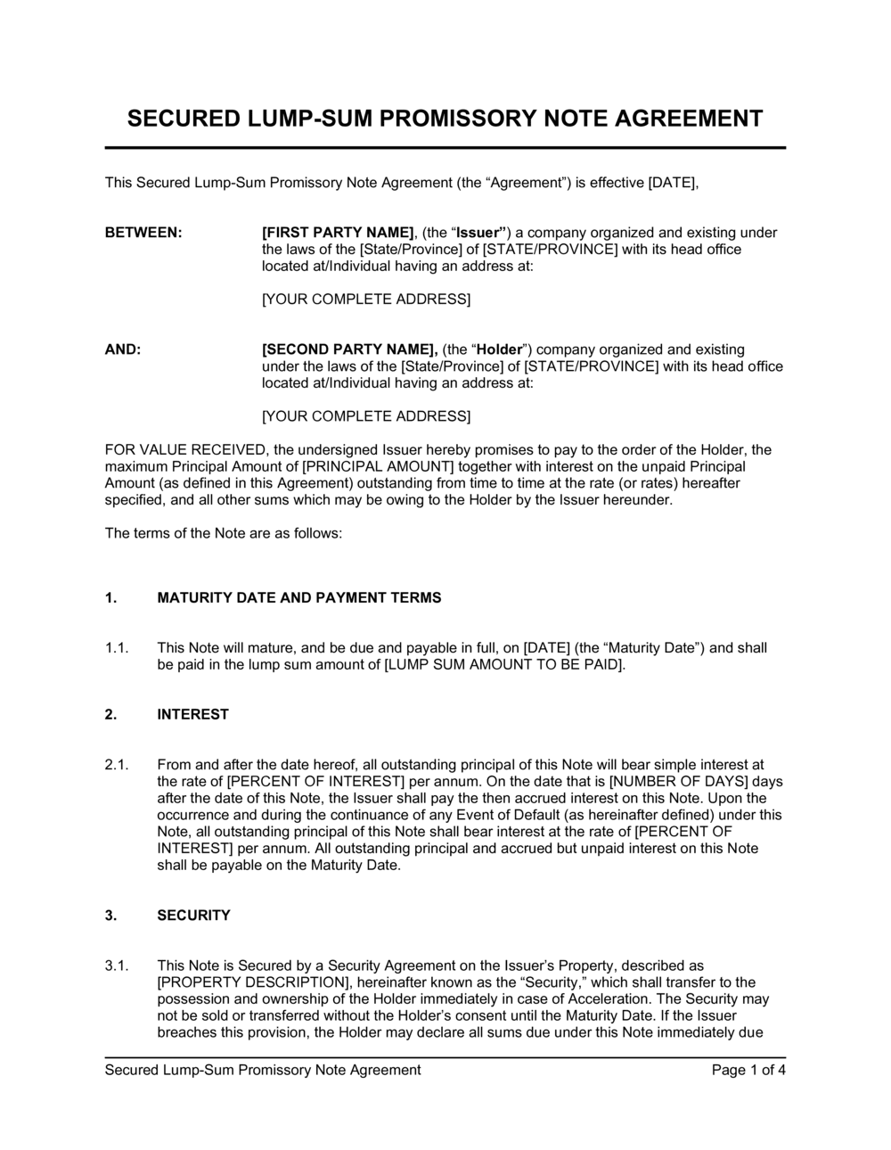 Business-in-a-Box's Secured Lumpsum Promissory Note Agreement Template