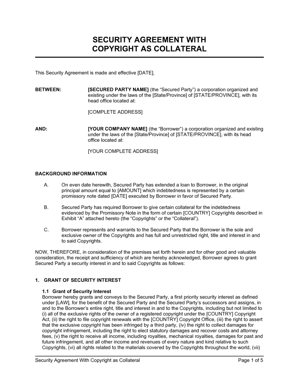 Security Agreement With Copyright As Collateral Template  by Intended For collateral warranty agreement template