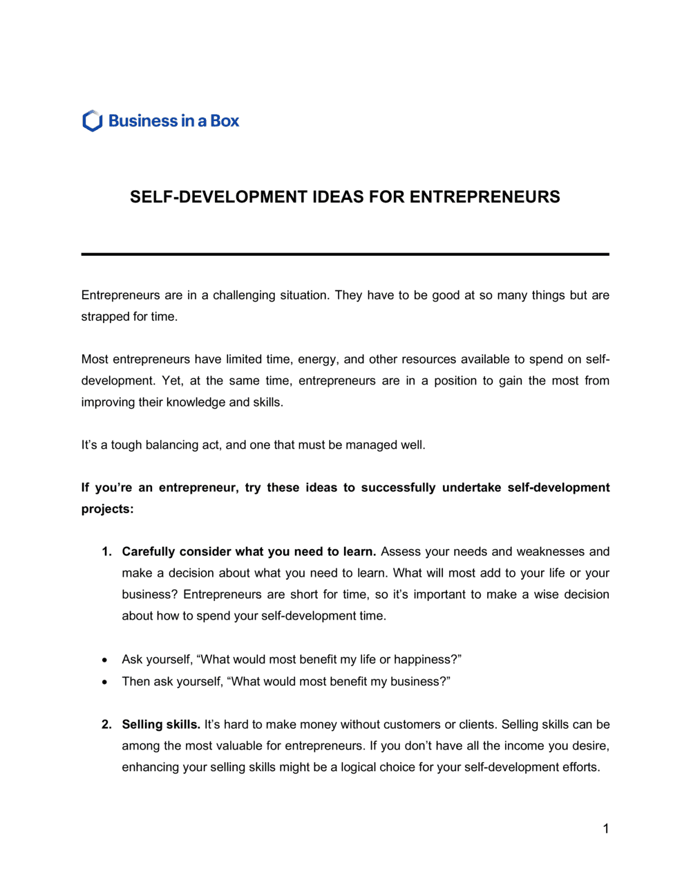Business-in-a-Box's Self Development Ideas For Entrepreneurs Template