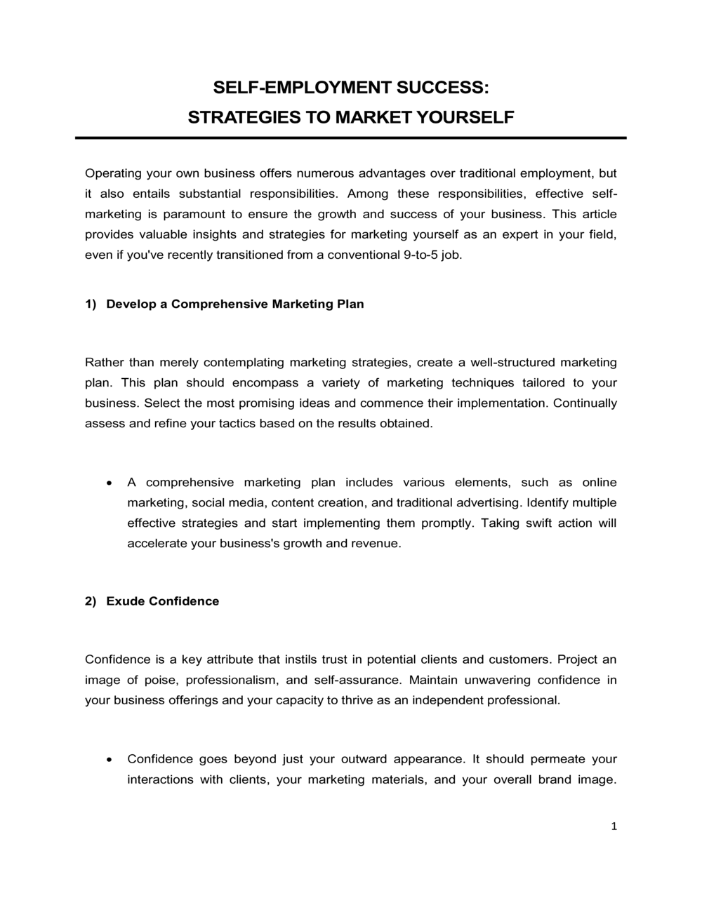 Business-in-a-Box's Self Employment Success Strategies To Market Yourself Template