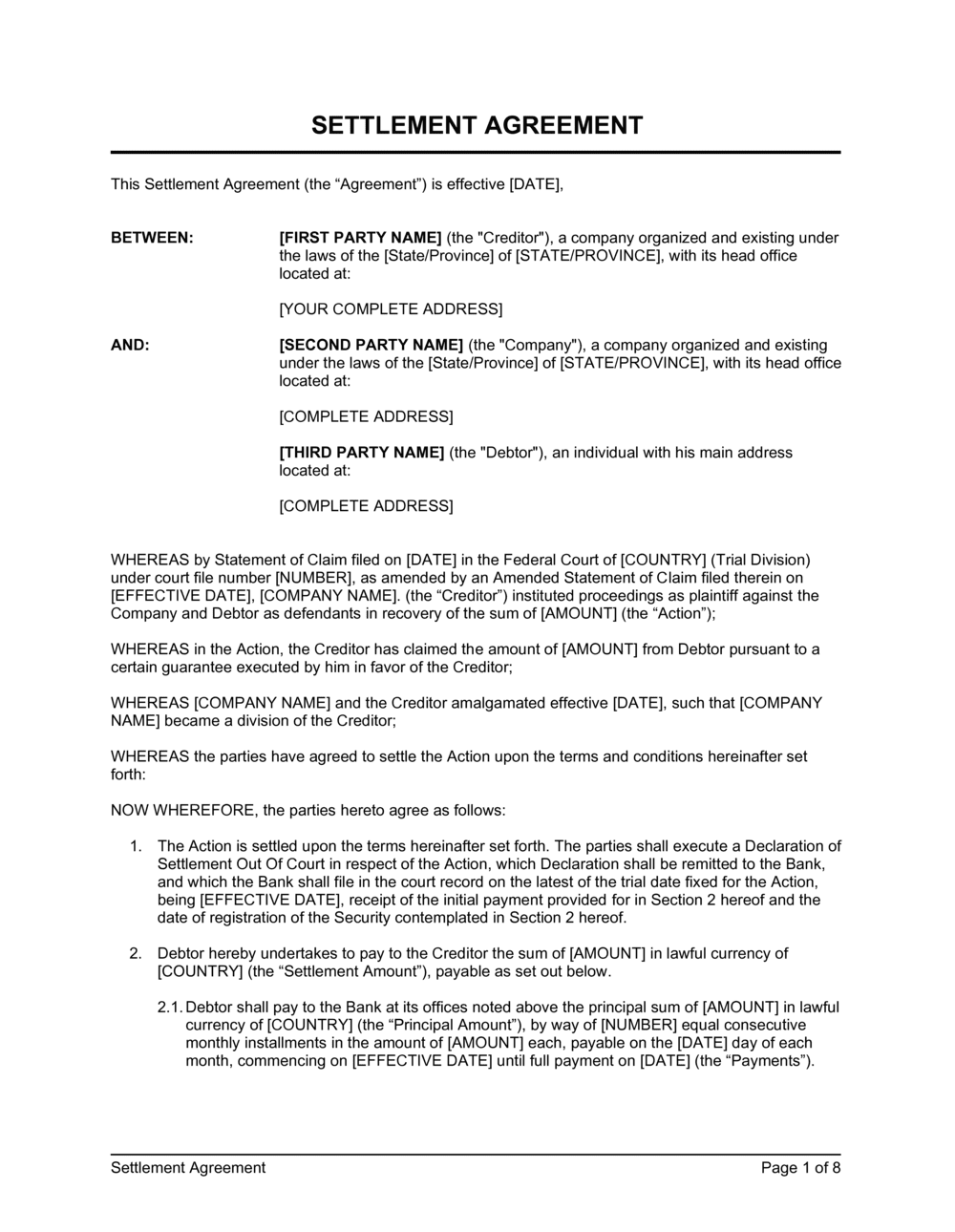 Settlement Agreement Template By Business in a Box 