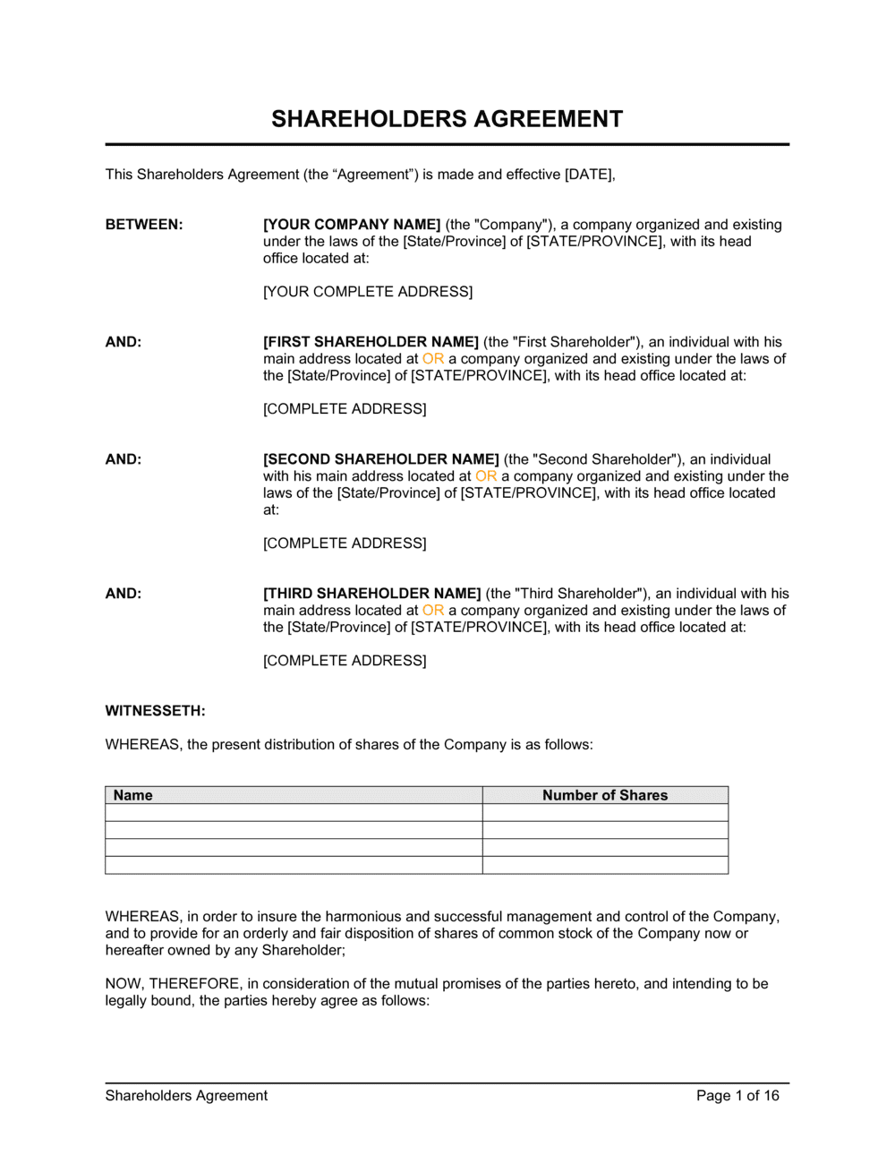 Shareholders Agreement Template by BusinessinaBox™