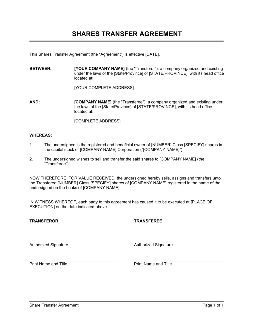 Shares Transfer Agreement Short Template  by Business-in-a-Box™ Inside Free Business Transfer Agreement Template