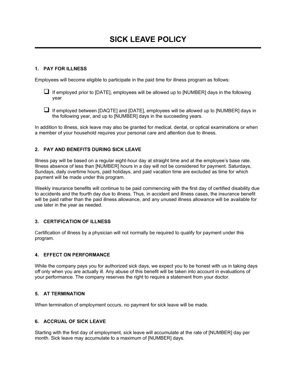 Employee Illness Policy Template