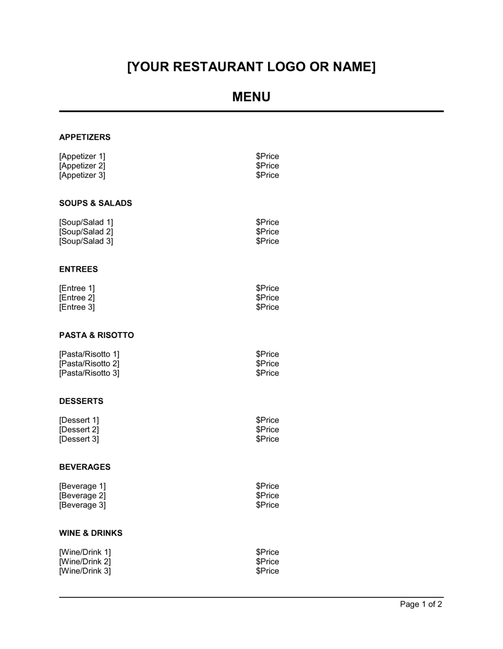 Business-in-a-Box's Simple Menu Template