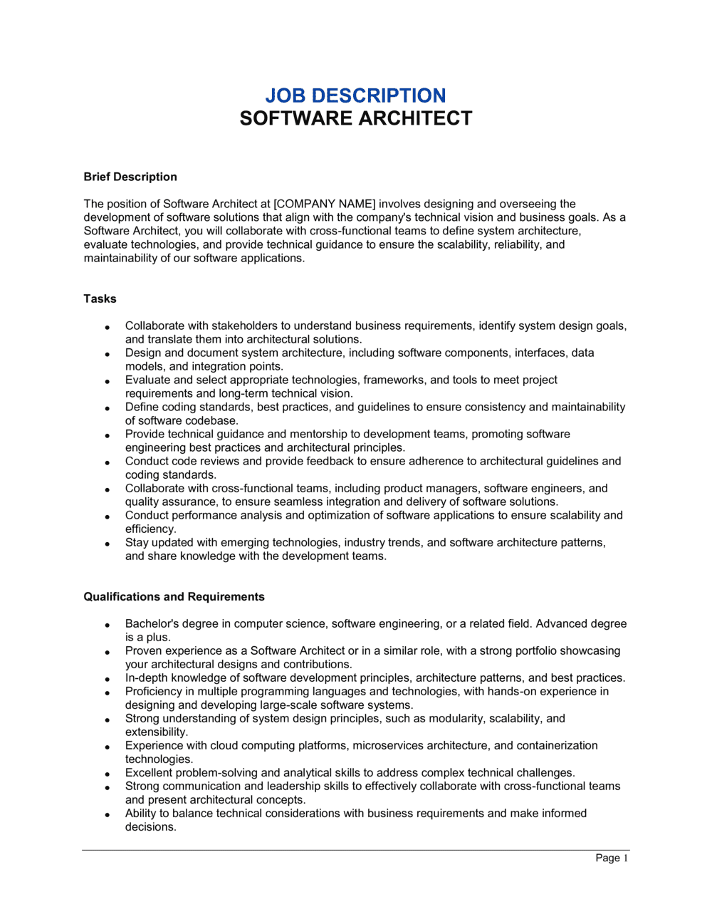 Business-in-a-Box's Software Architect Job Description Template