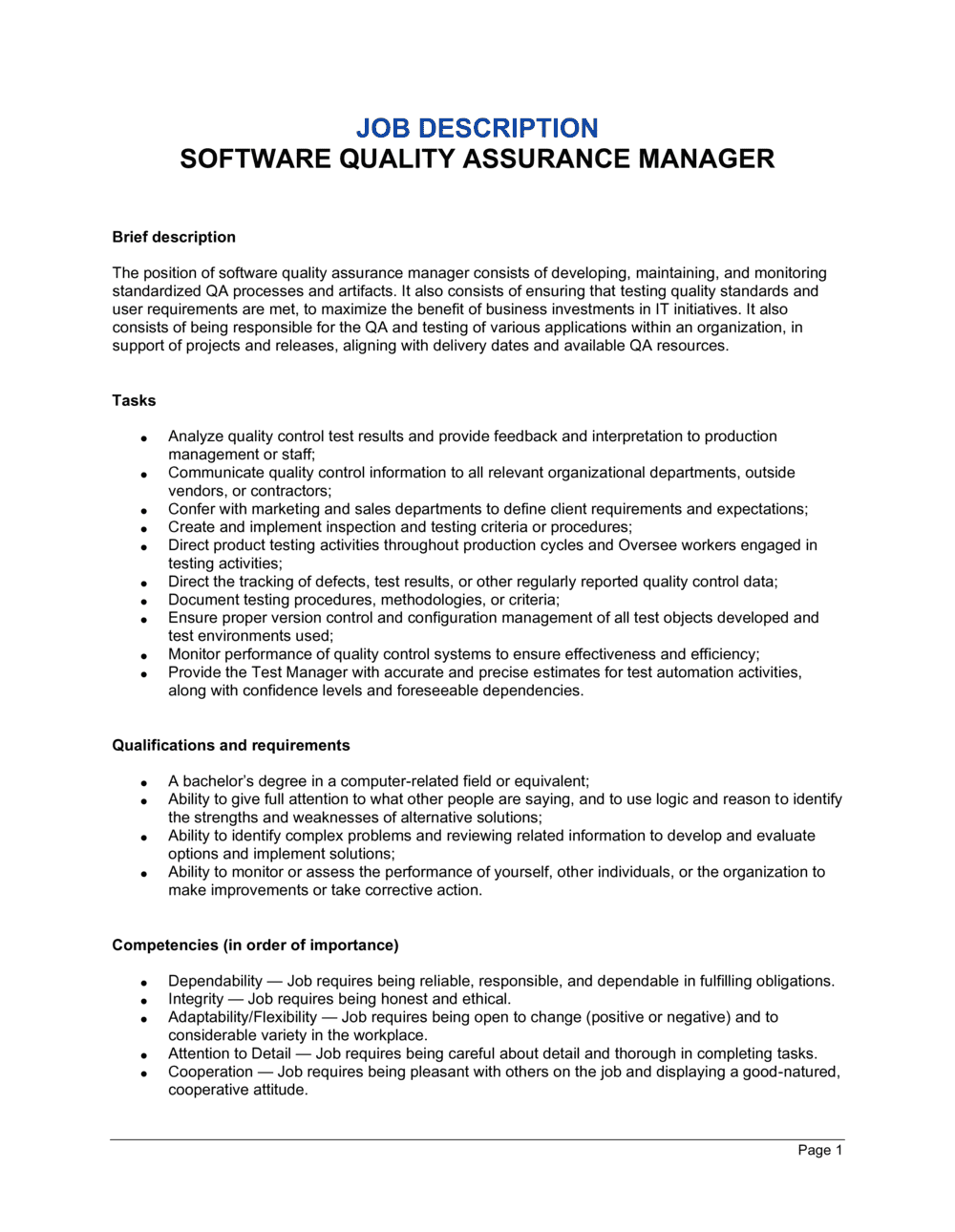 Software Quality Assurance Manager Job Description Template By 