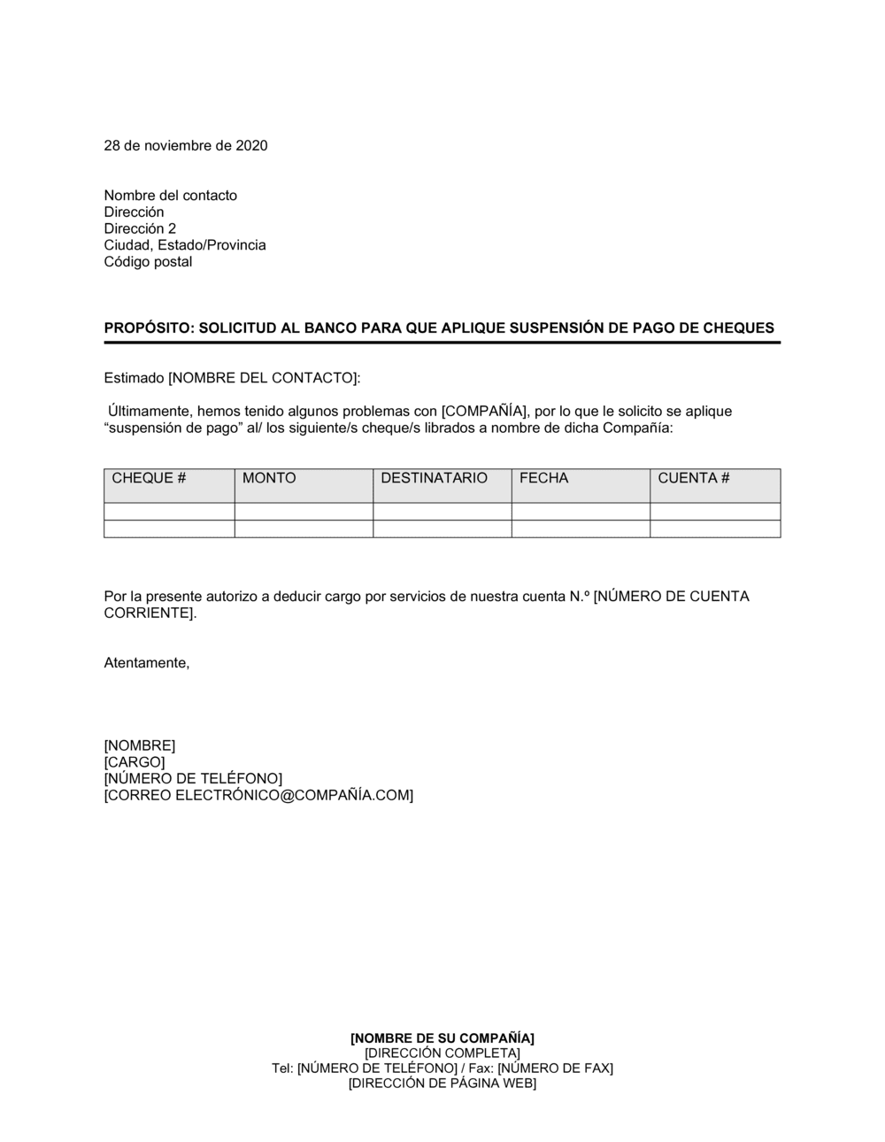 Business-in-a-Box's Solicitar al banco que suspenda el pago