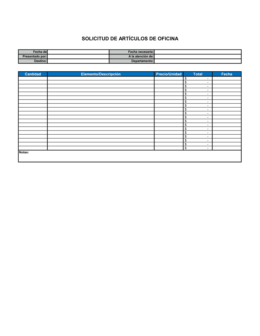 Business-in-a-Box's Solicitud de artículos de oficina