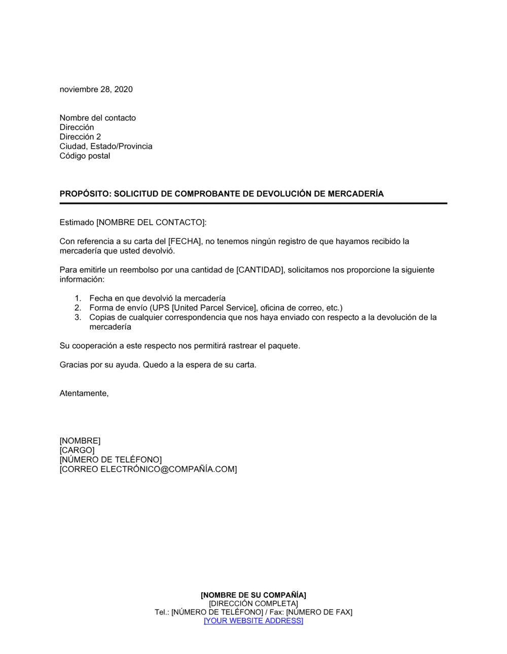Business-in-a-Box's Solicitud de comprobante de devolución de mercadería