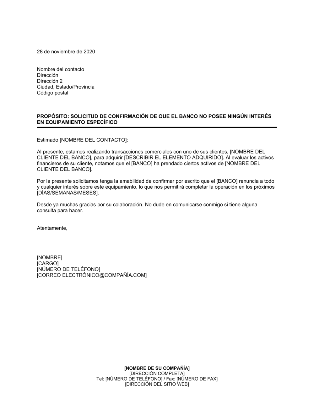 Business-in-a-Box's Solicitud de confirmación de que el banco no posee ningún interés