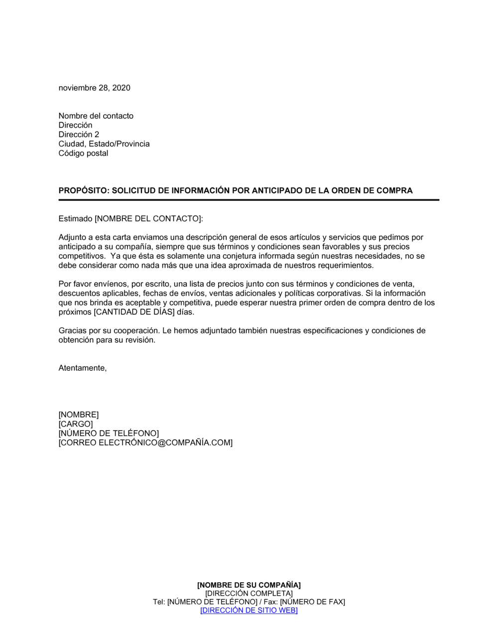 Business-in-a-Box's Solicitud de información previa a la orden de compra