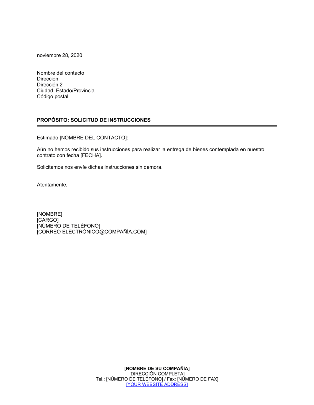 Business-in-a-Box's Solicitud de instrucciones de envío