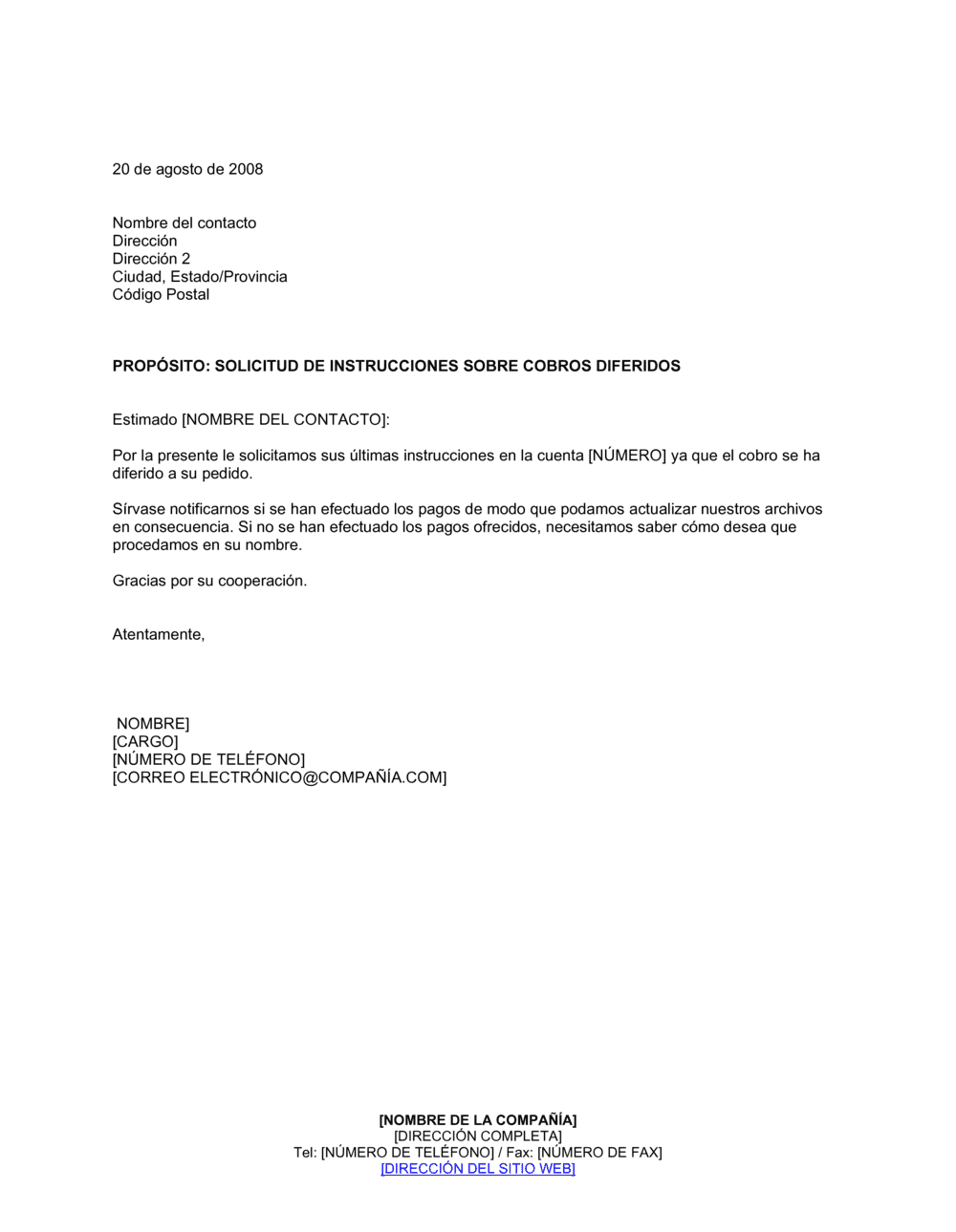 Business-in-a-Box's Solicitud de instrucciones sobre cobros diferidos