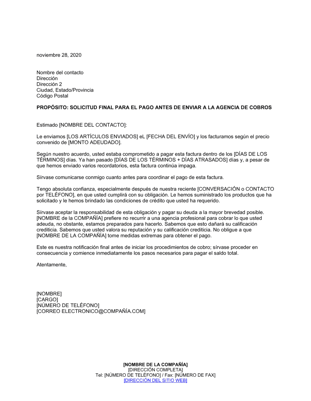 Business-in-a-Box's Solicitud final para el pago antes de enviar a la agencia de cobros