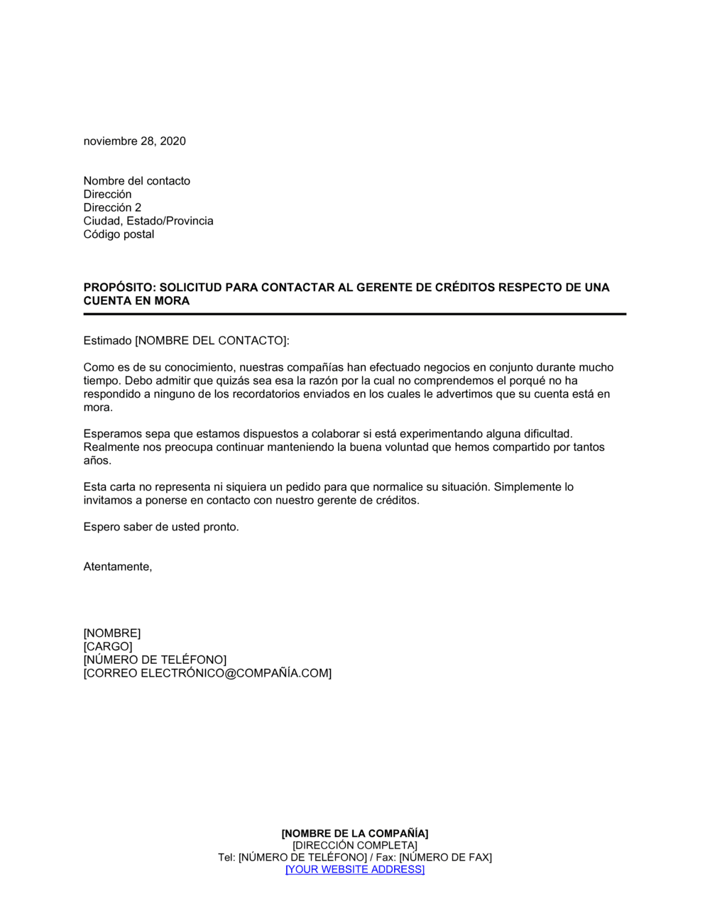 Business-in-a-Box's Solicitud para contactar al gerente de créditos respecto de una cuenta en mora