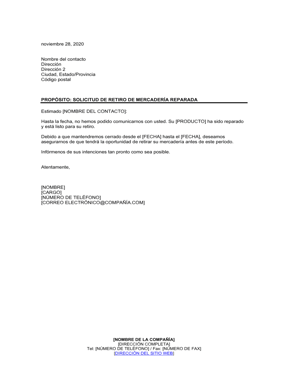 Business-in-a-Box's Solicitud para retirar la mercadería reparada