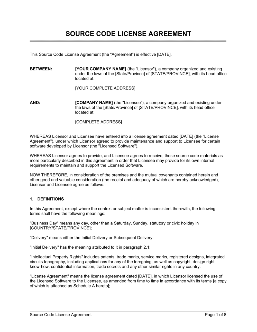 Source Code License Agreement Template  by Business-in-a-Box™ Inside handover agreement template