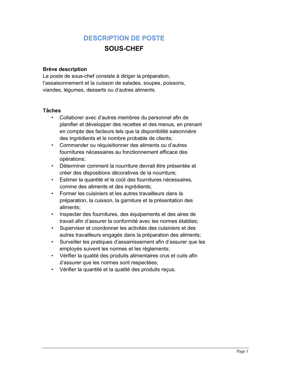 Business-in-a-Box's Sous-chef Description de poste