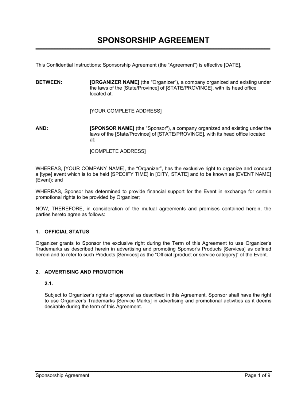 Sponsorship Agreement Template By Business in a Box 