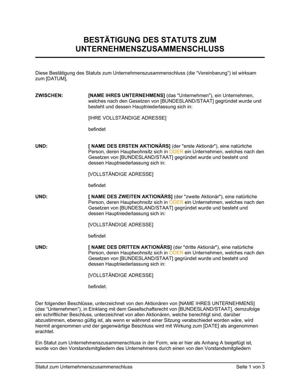 Business-in-a-Box's Statut zum Unternehmenszusammenschluss