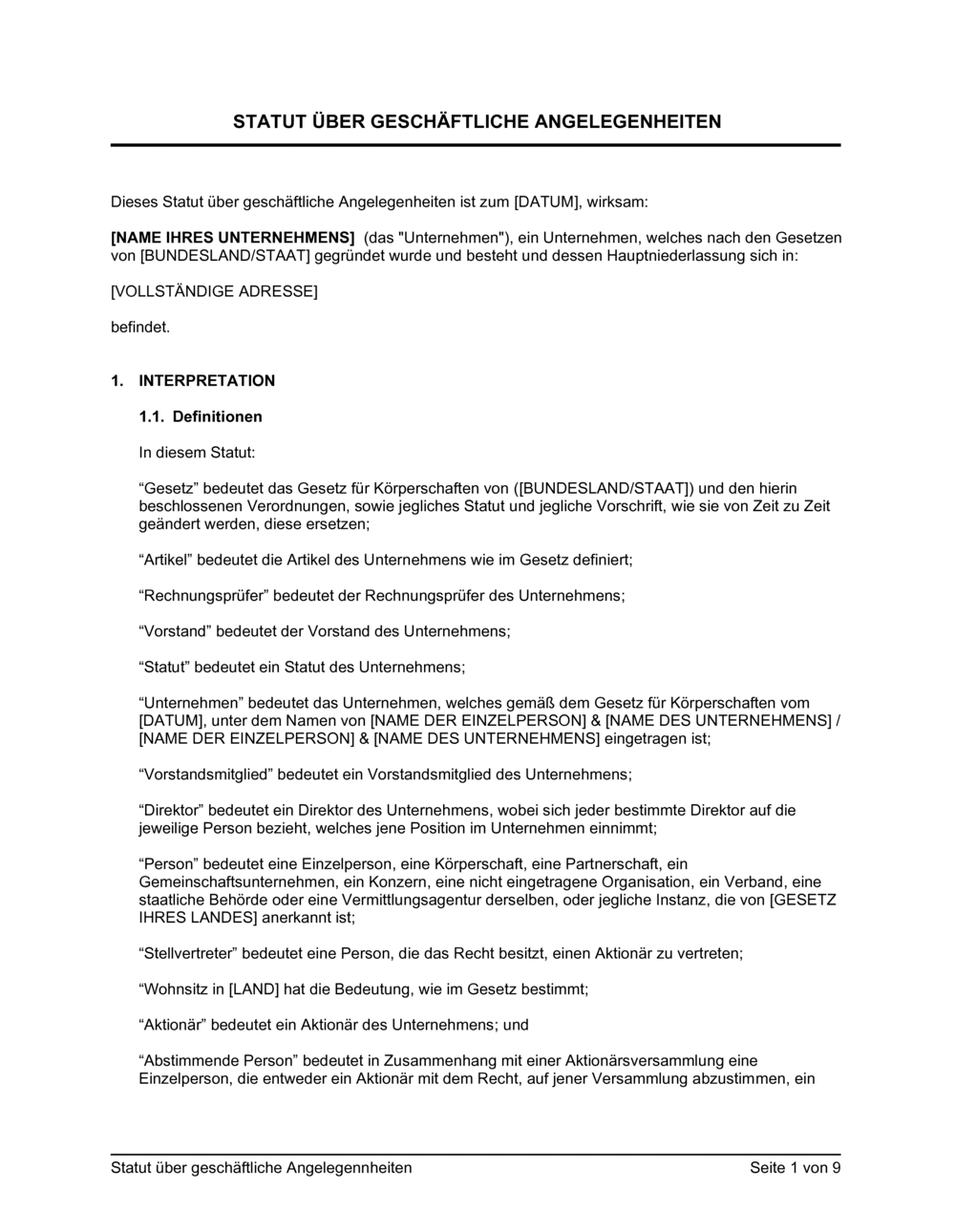 Business-in-a-Box's Statut über geschäftliche Angelegennheiten