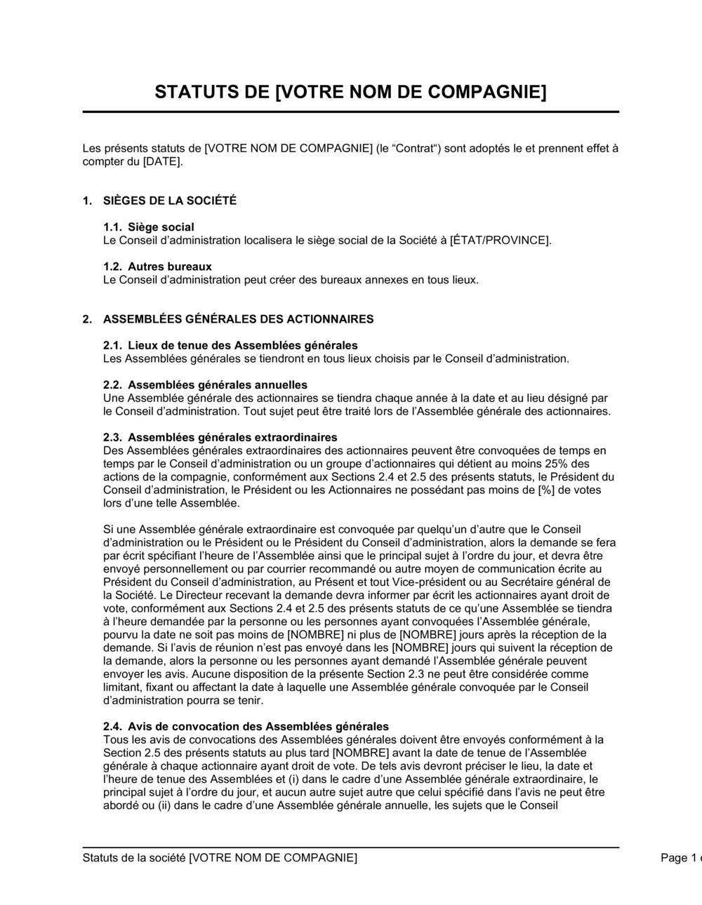 Business-in-a-Box's Statuts constitutifs de société