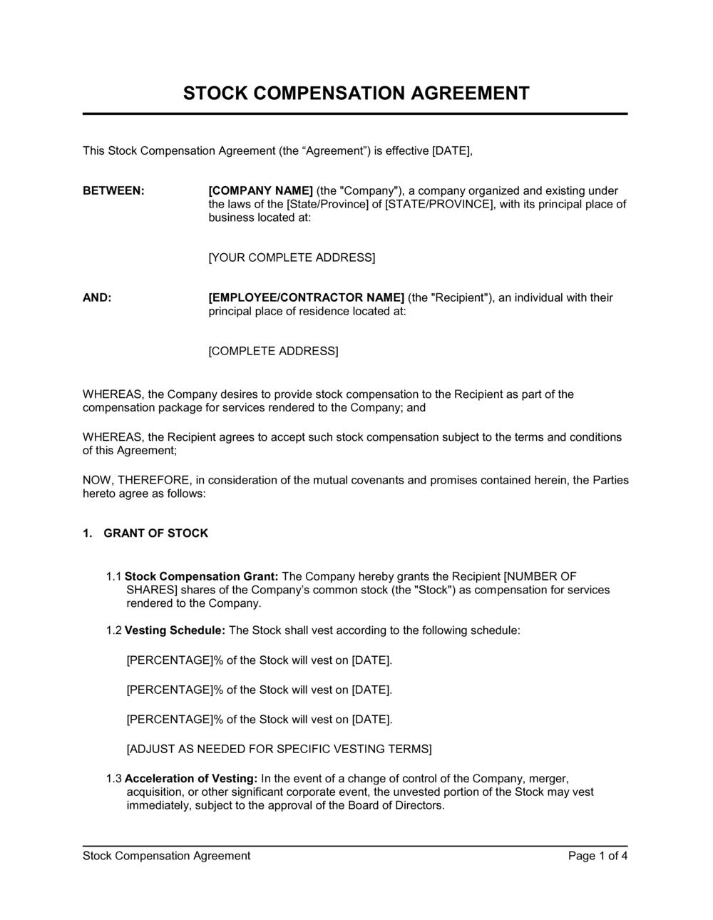 Business-in-a-Box's Stock Compensation Agreement Template