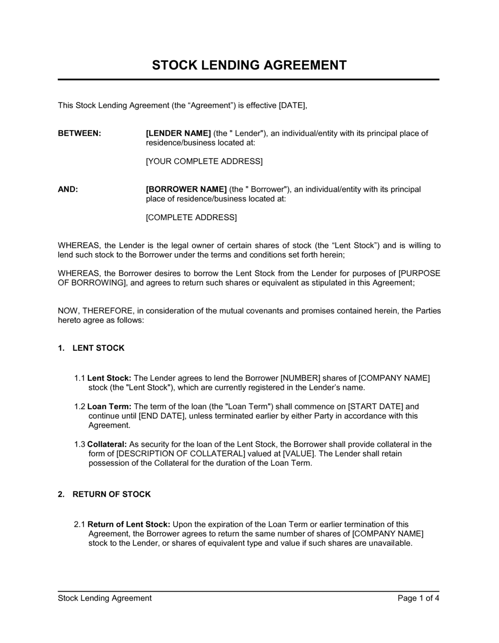 Business-in-a-Box's Stock Lending Agreement Template