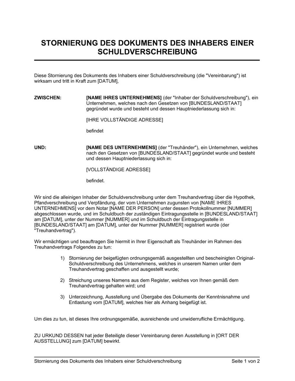 Business-in-a-Box's Stornierung des Dokuments des Inhabers einer Schuldverschreibung