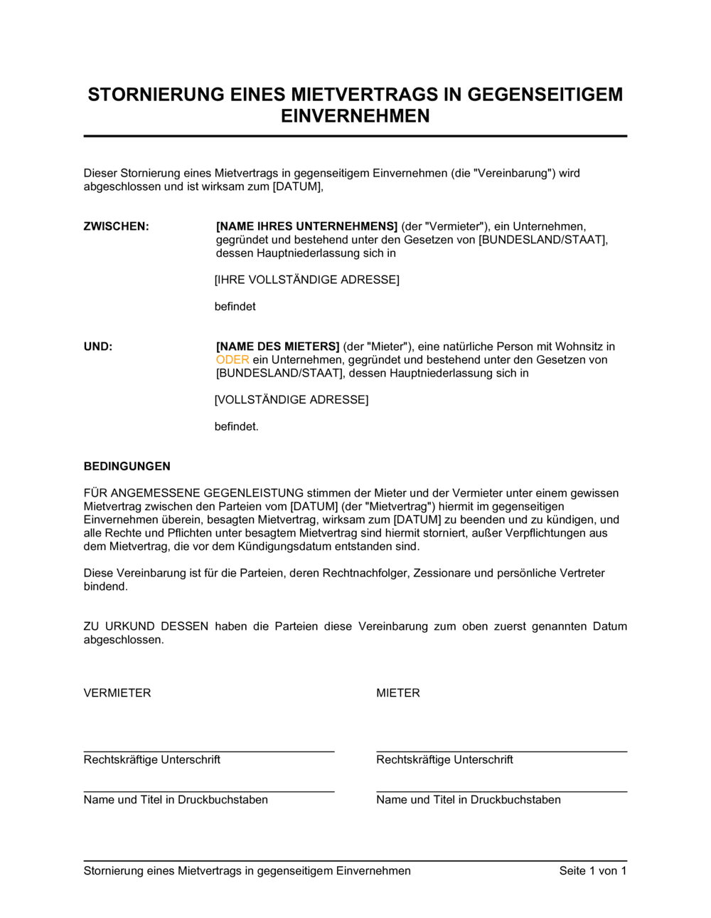 Business-in-a-Box's Stornierung eines Mietvertrags in gegenseitigem Einvernehmen