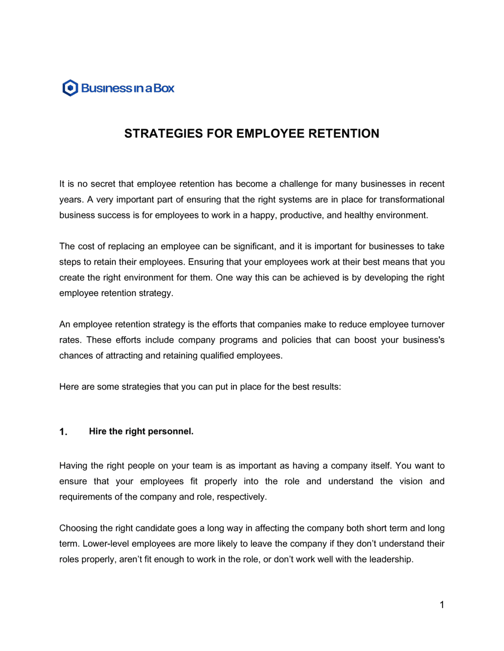 Business-in-a-Box's Strategies For Employee Retention Template