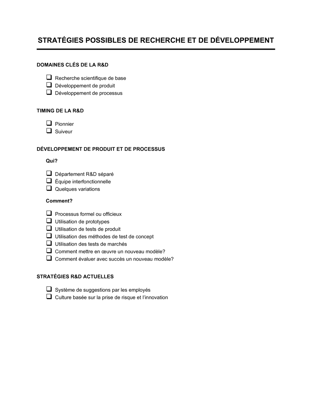 Business-in-a-Box's Stratégies possibles de recherche et de développement