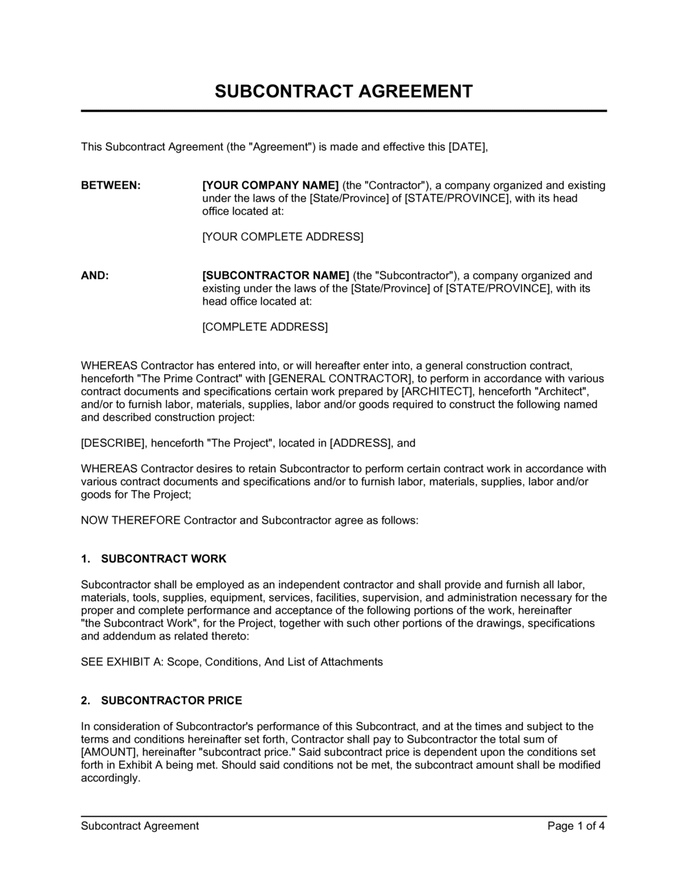 Subcontract Agreement Template  by Business-in-a-Box™ Intended For risk sharing agreement template