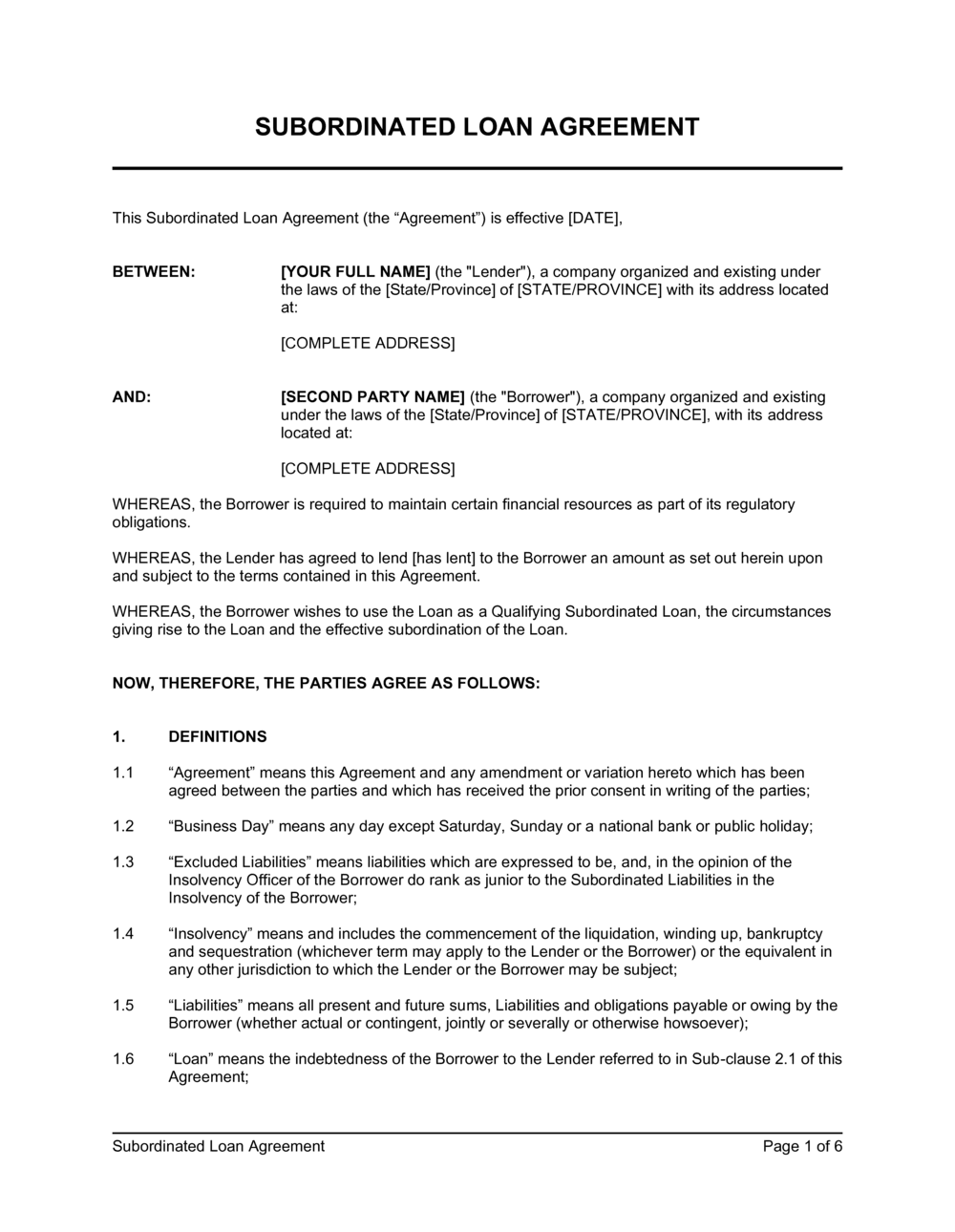 Subordinated Loan Agreement Template  by Business-in-a-Box™ Inside financial payment plan agreement template