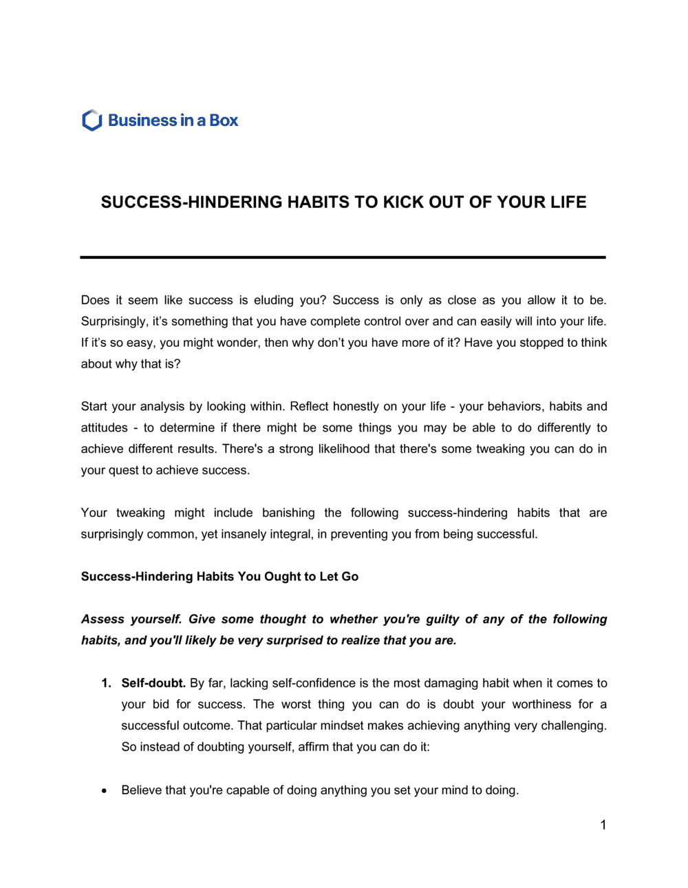 Business-in-a-Box's Success Hindering Habits To Kick Out Of Your Life Template