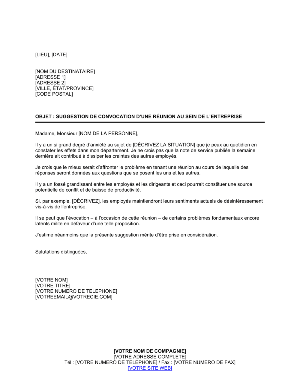 Business-in-a-Box's Suggestion de la convocation d'une réunion par un employé