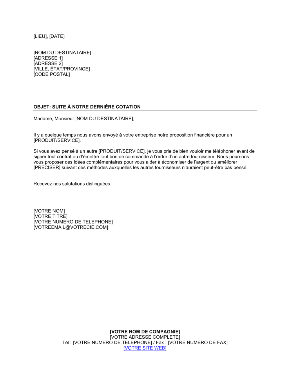 Business-in-a-Box's Suite à la transmission d'une cotation