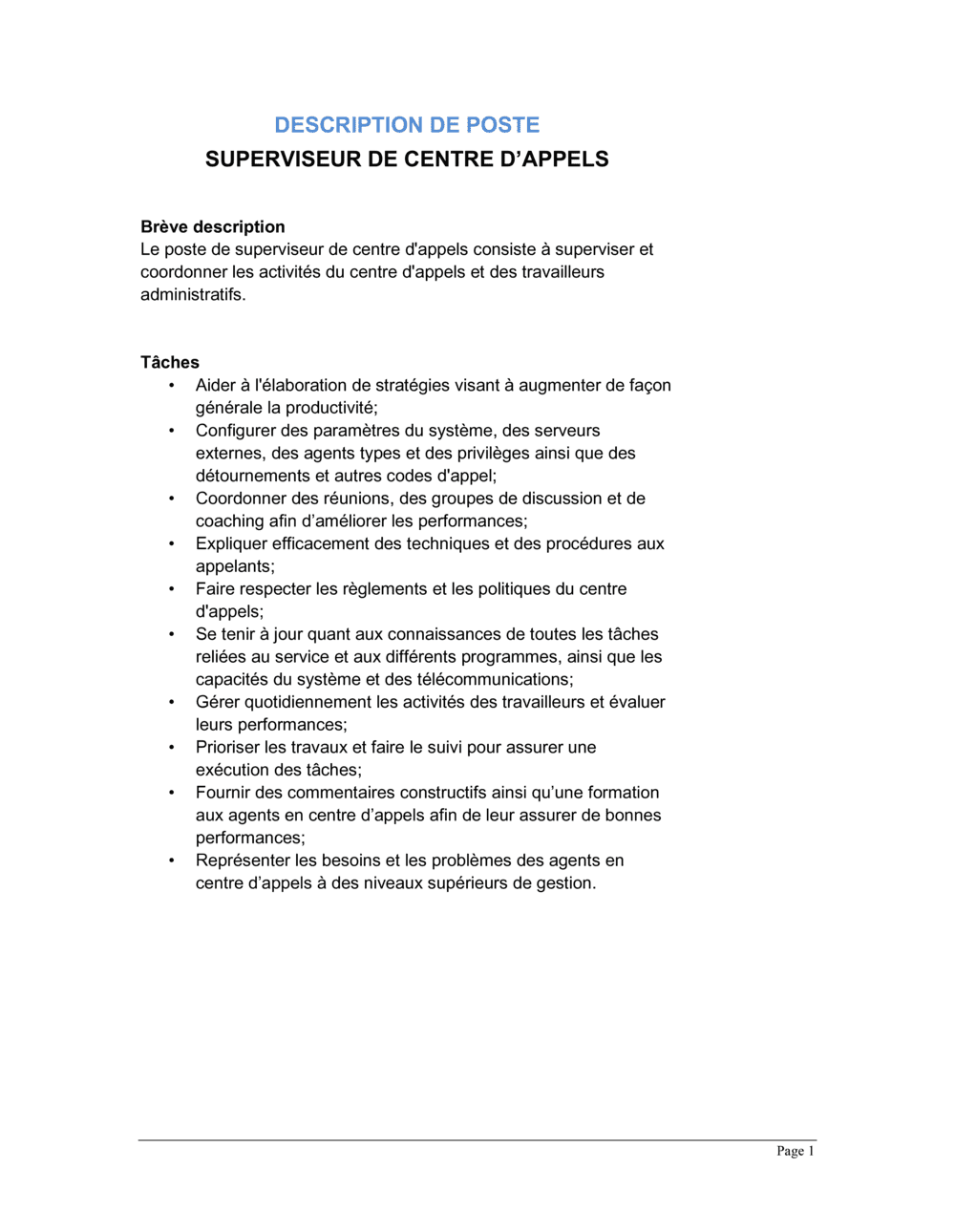 Business-in-a-Box's Superviseur de centre d'appels Description de poste