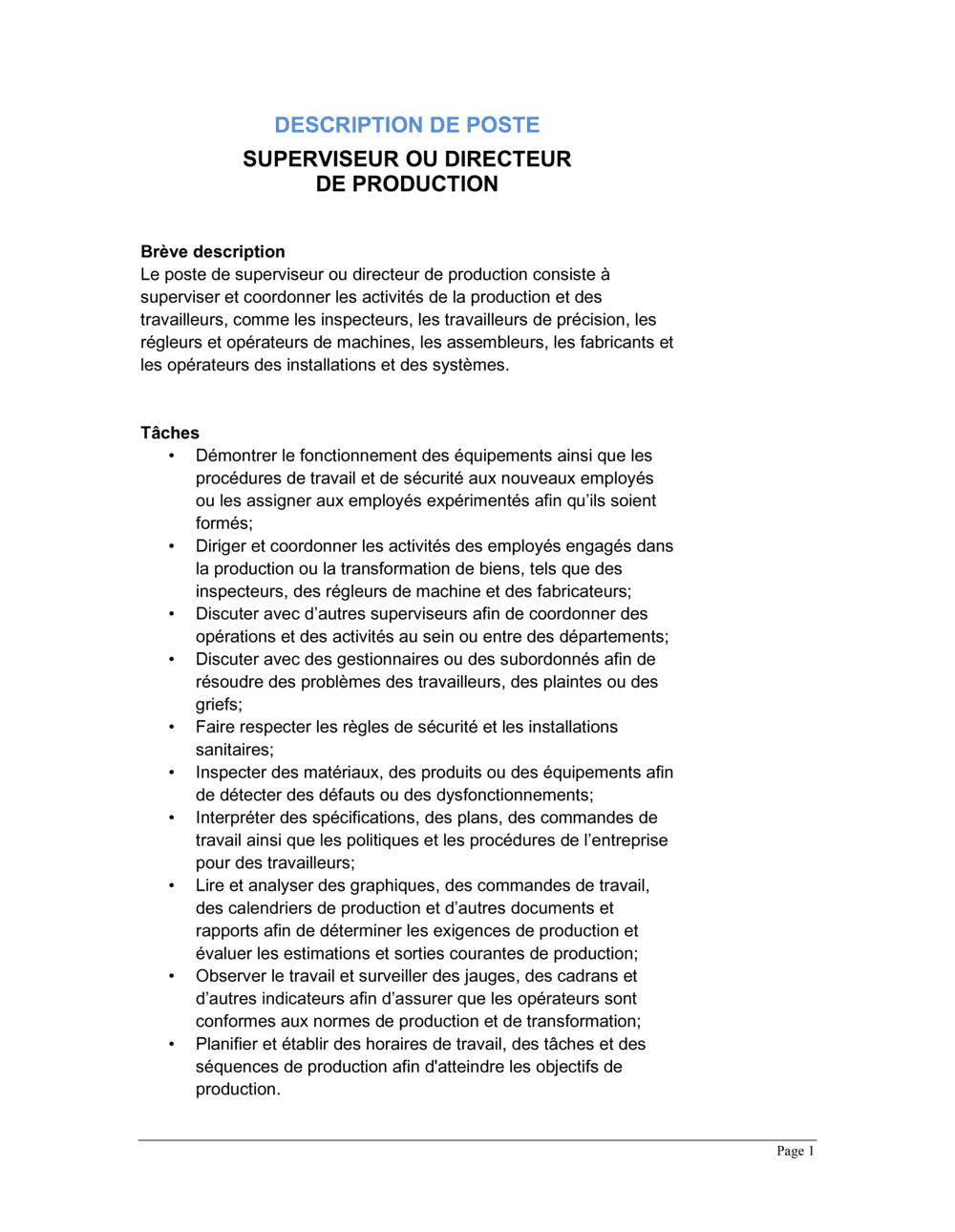 Business-in-a-Box's Superviseur ou directeur de production Description de poste