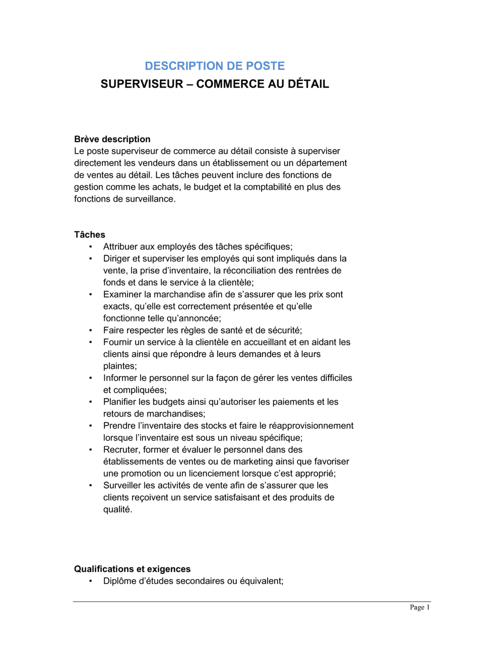 Business-in-a-Box's Superviseur commerce au détail Description de poste