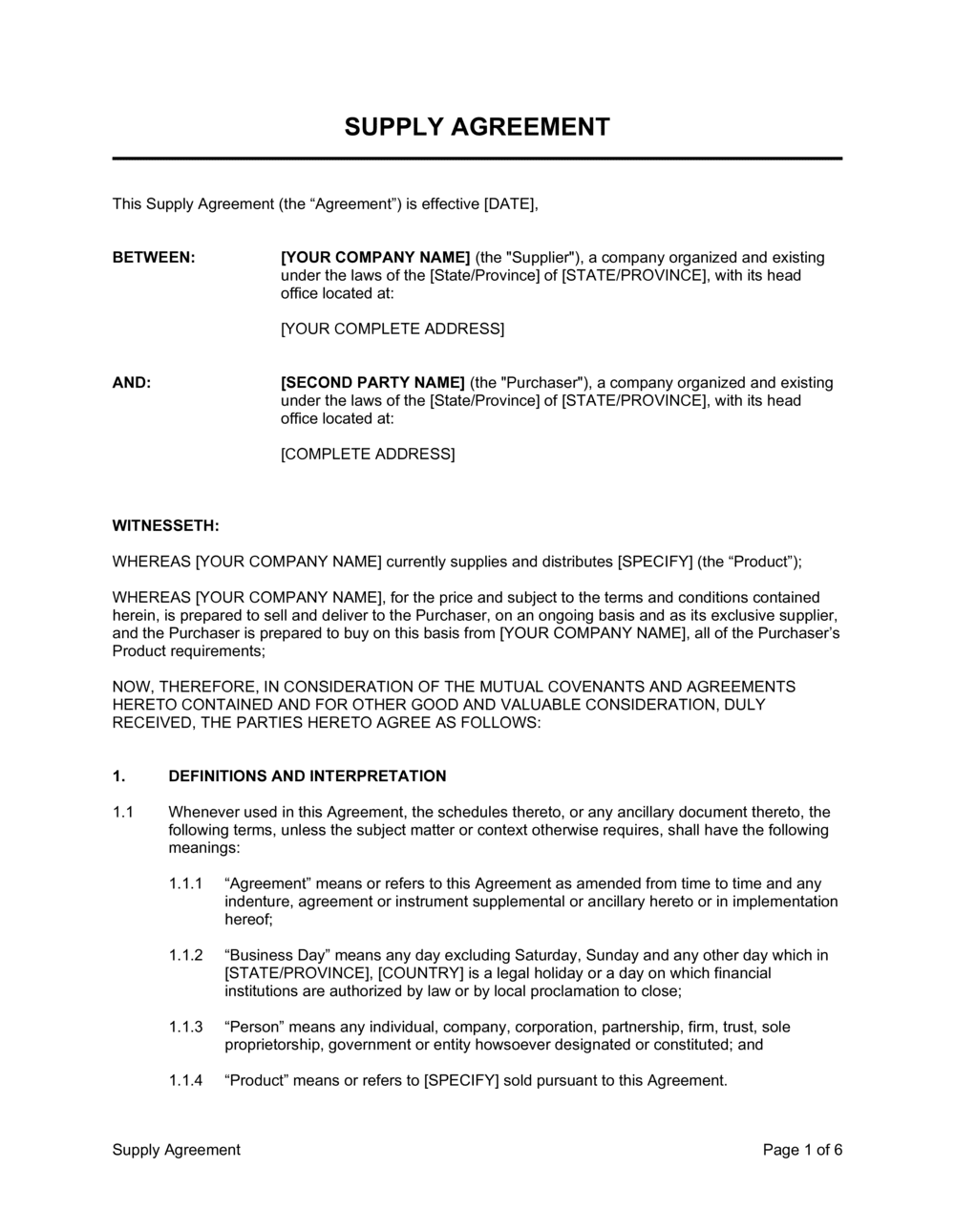 Supply Agreement Template  by Business-in-a-Box™ Pertaining To preferred supplier agreement template