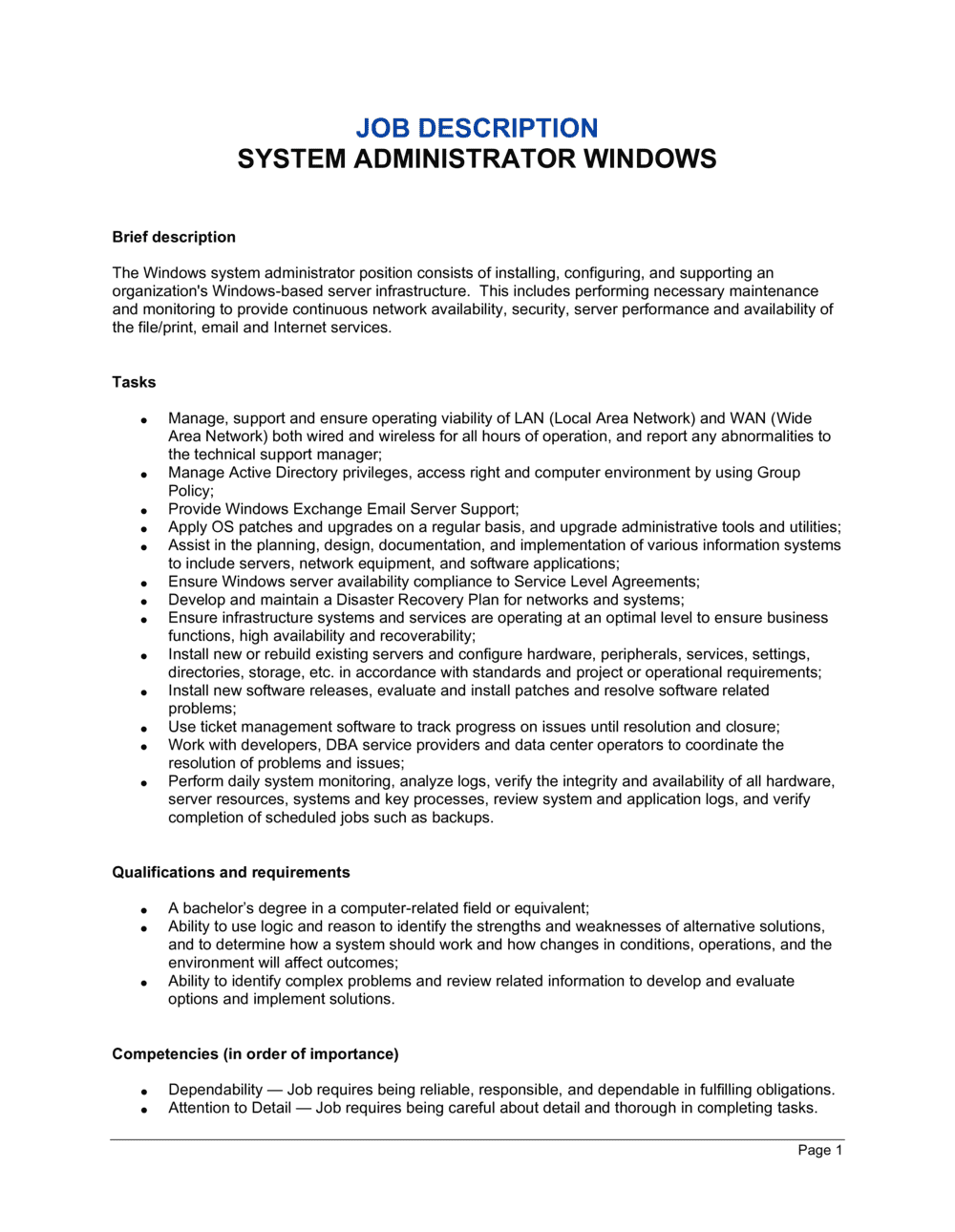 System Administrator Windows Job Description Template By Business In A Box